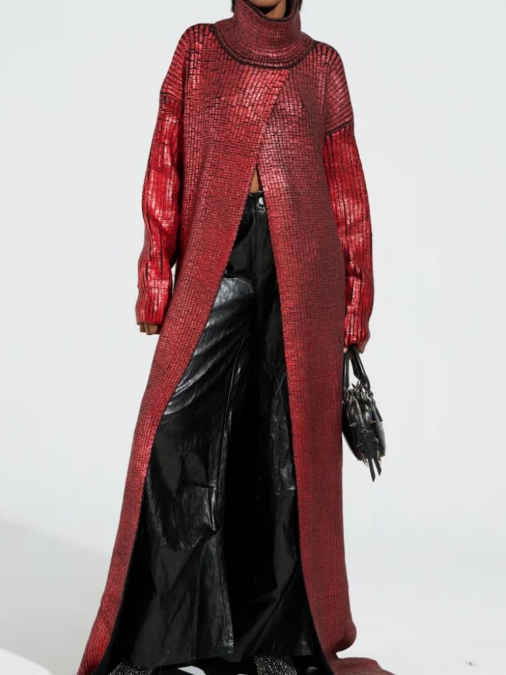 Akira Red Metallic Coated Turtleneck Heavyweight Sweater